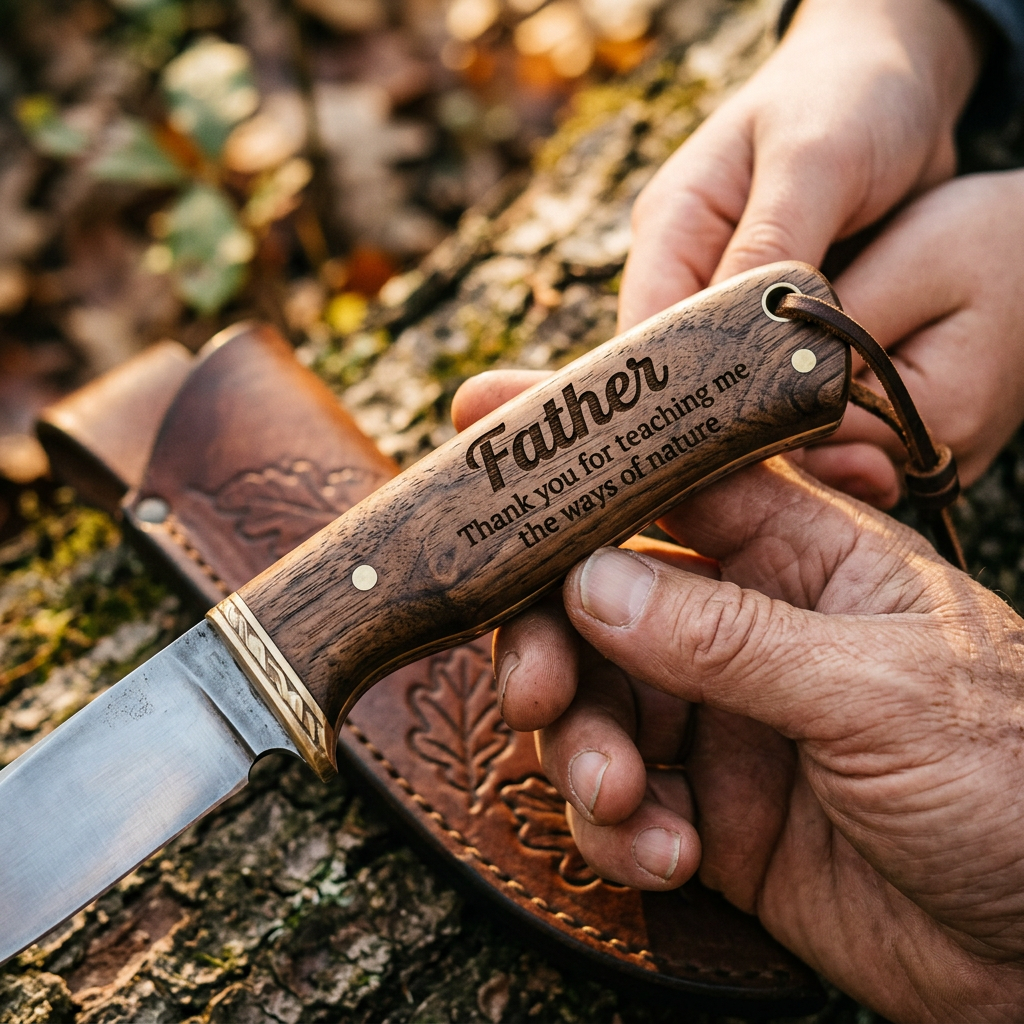 Close up of engraved Father message on hunting knife handle