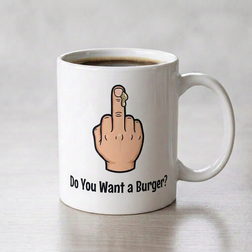 Do You Want a Burger Coffee Mug with middle finger and booger