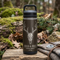 Stainless steel thermos with deer skull and antlers design