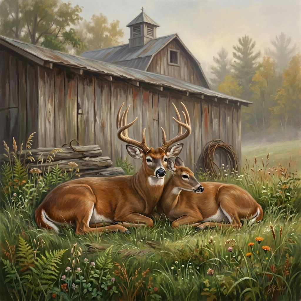 Whitetail buck and doe resting by barn - misty morning