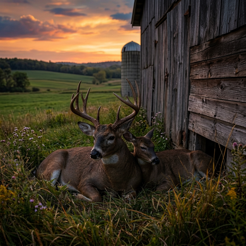 Whitetail buck and doe resting by barn - dramatic sunset