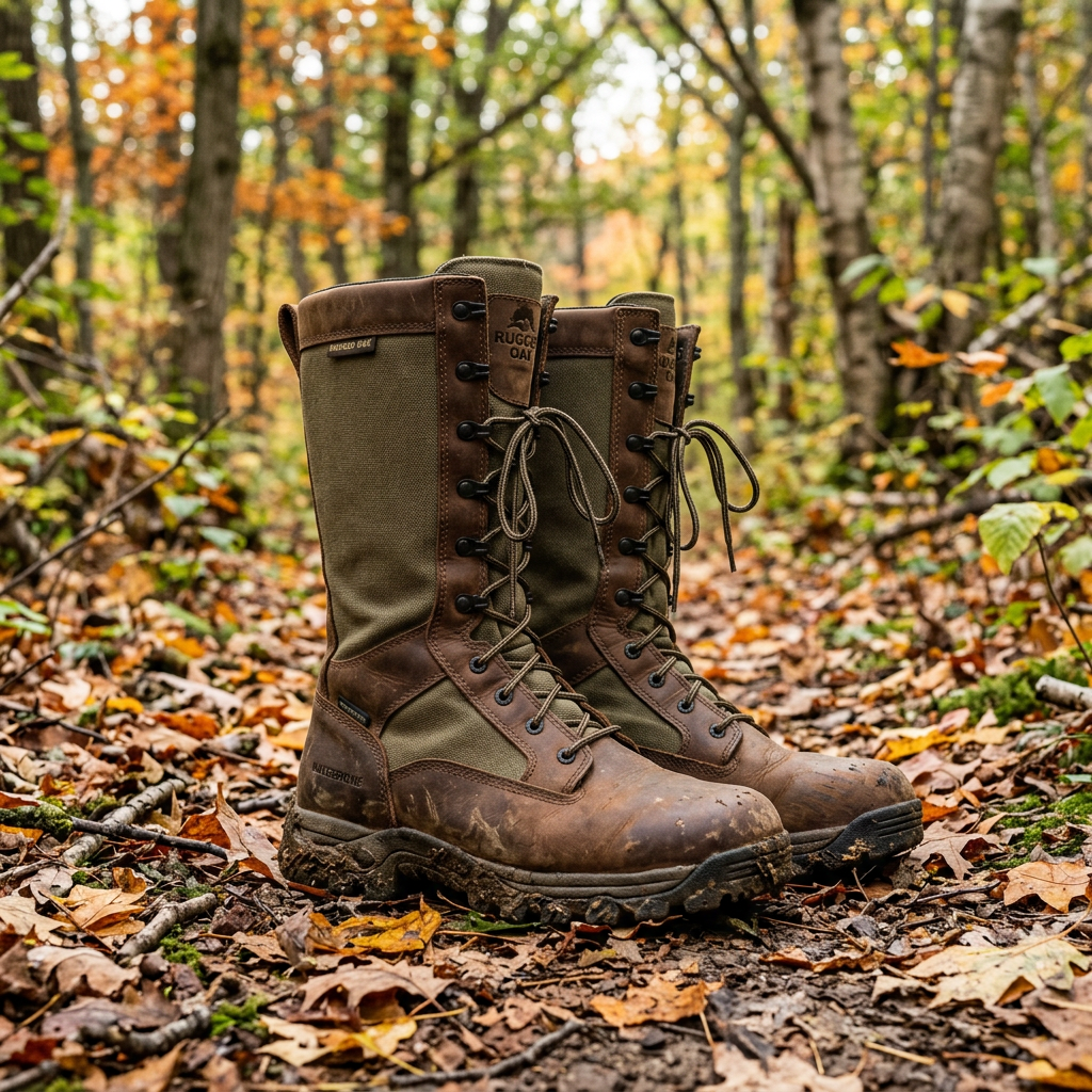 Knee high waterproof hunting boots in woodland setting