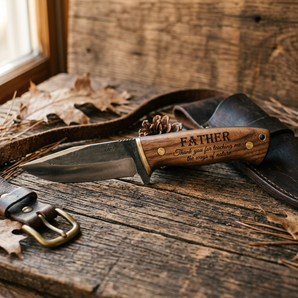 Father hunting knife with engraved message on wooden handle