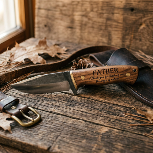 Father hunting knife with engraved message on wooden handle