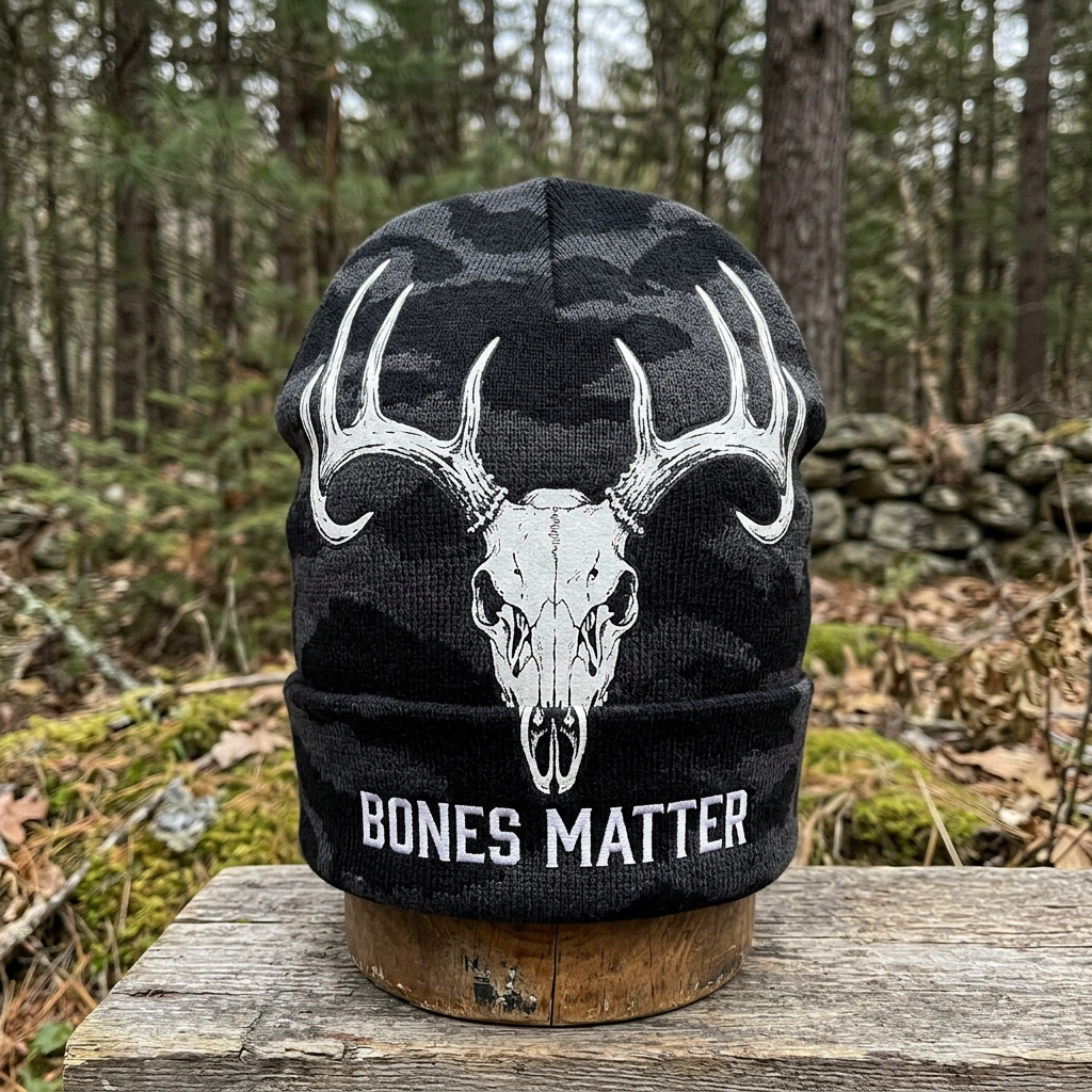 Black camo beanie with deer skull and Bones Matter text