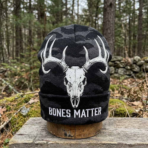 Black camo beanie with deer skull and Bones Matter text