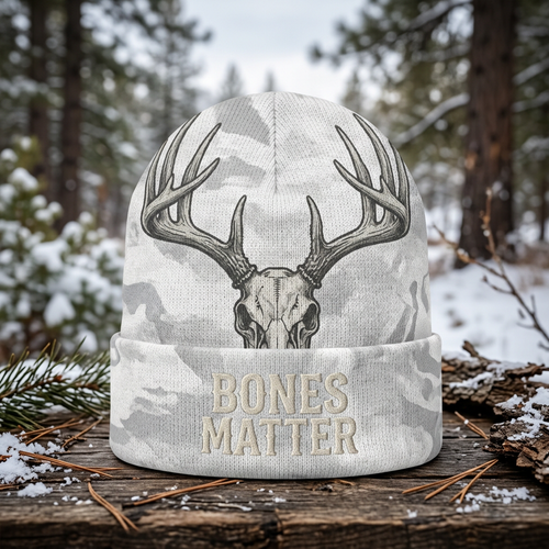 Snow camo beanie with deer skull and Bones Matter text