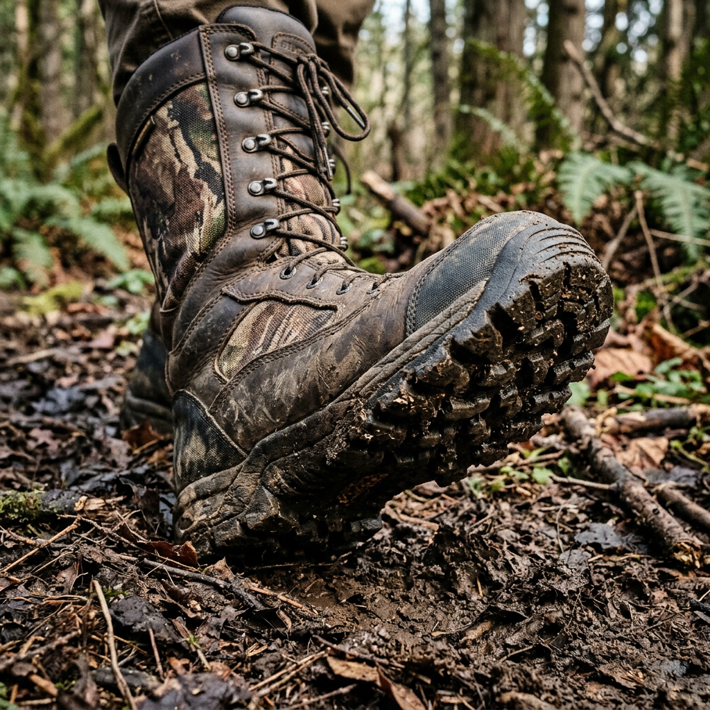 Close up of hunting boot tread and sole