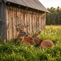 Whitetail buck and doe resting by barn - golden hour