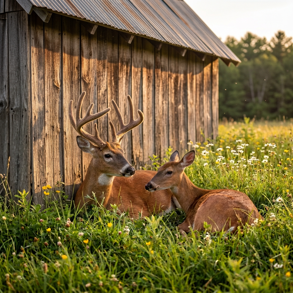 Whitetail buck and doe resting by barn - golden hour