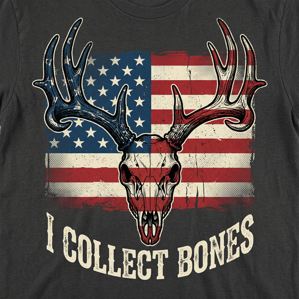 American flag deer skull with antlers and I Collect Bones text