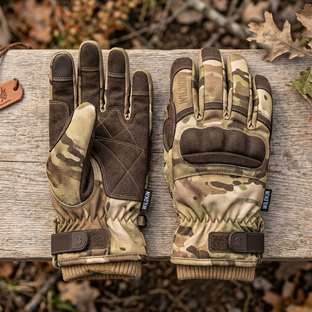 Pair of camel tan camouflage hunting gloves
