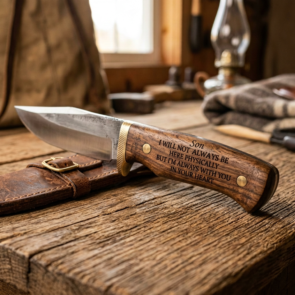 Close up of engraved Son message on hunting knife handle